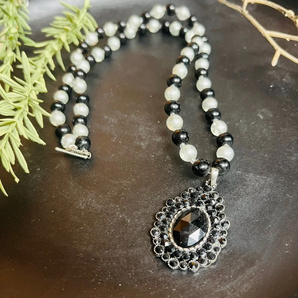 Vintage Black‎ Glass Necklace | Clear Teardrop Pendant • Elegant Retro Statement
